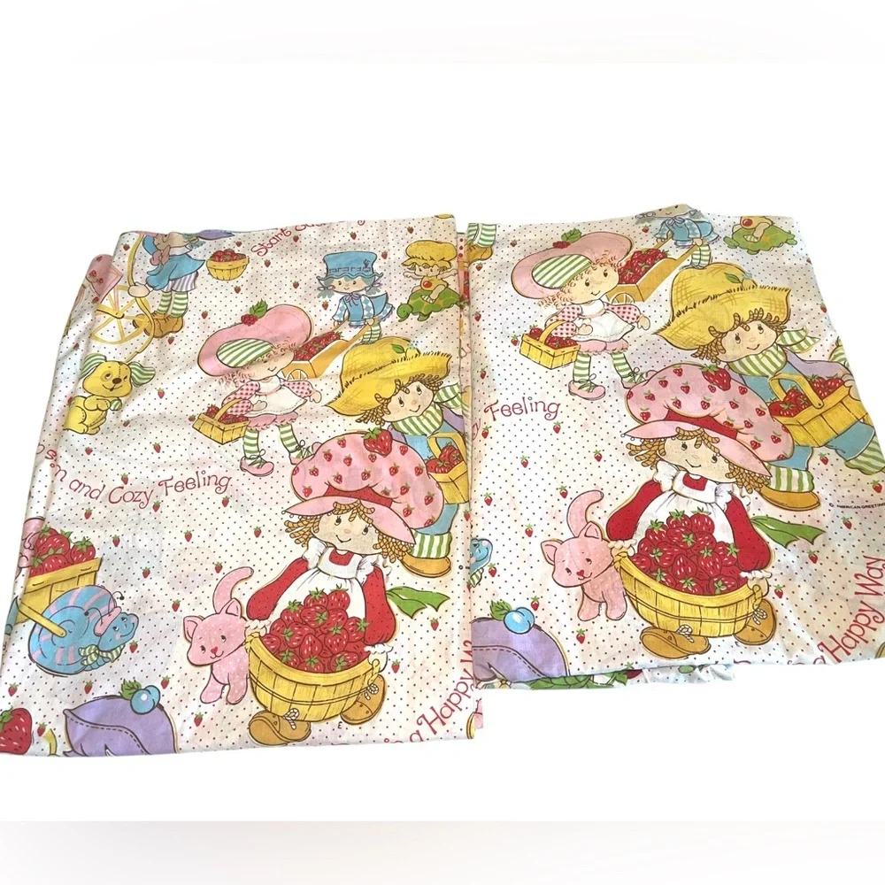 Vintage Strawberry Shortcake 3 Piece Twin Sheet Set 1980s - Fitted, Flat & Case